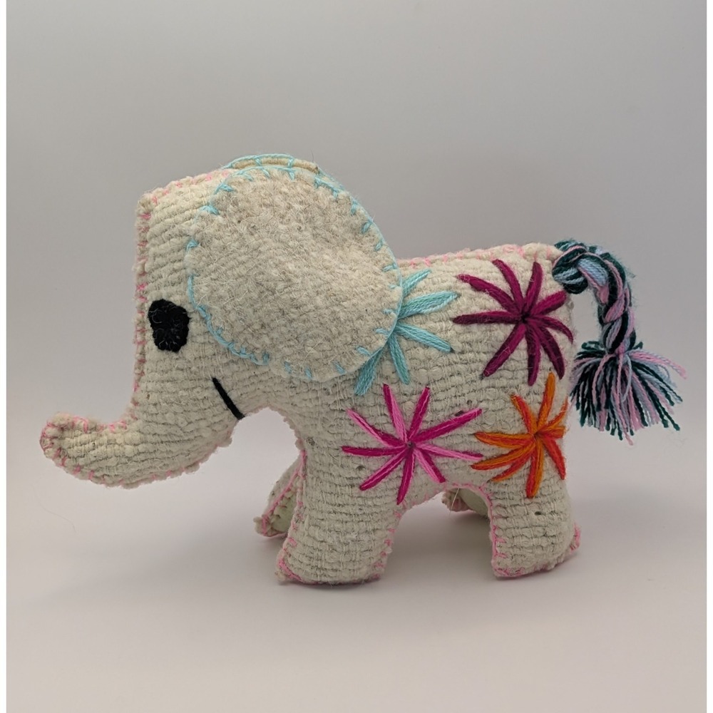 Vintage Folk Project Elephant Felt/Wool Stuffed Embroidered Flowers